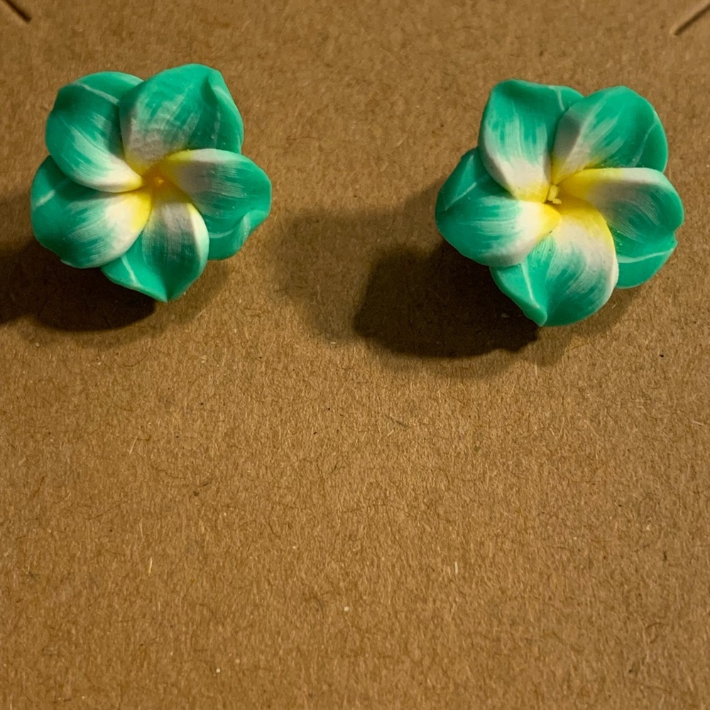 Green and Yellow Plumeria Flower Earrings